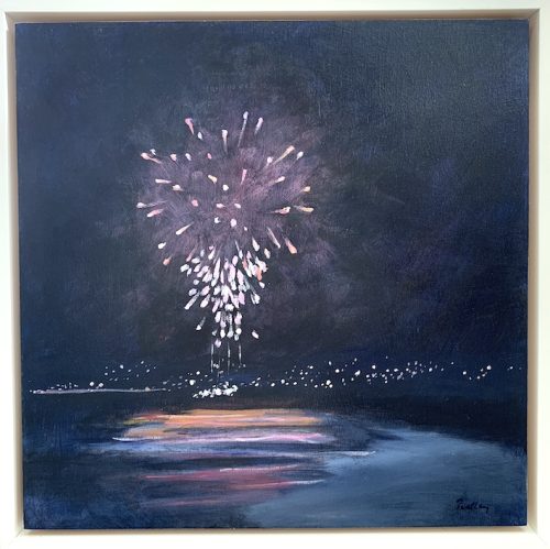 The Night the Barge Burned - Robyn Pedley. 35x35cm, Acrylic on canvas. Framed in white. Bobbie P Gallery